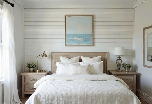 A perfectly balanced coastal bedroom featuring a white shiplap wall, light wood furniture, and a serene ocean painting, creating a peaceful and harmonious retreat.
