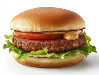A fusion-style tofu burger with a crispy tofu patty, fresh lettuce, tomato, and vegan aioli on a toasted bun