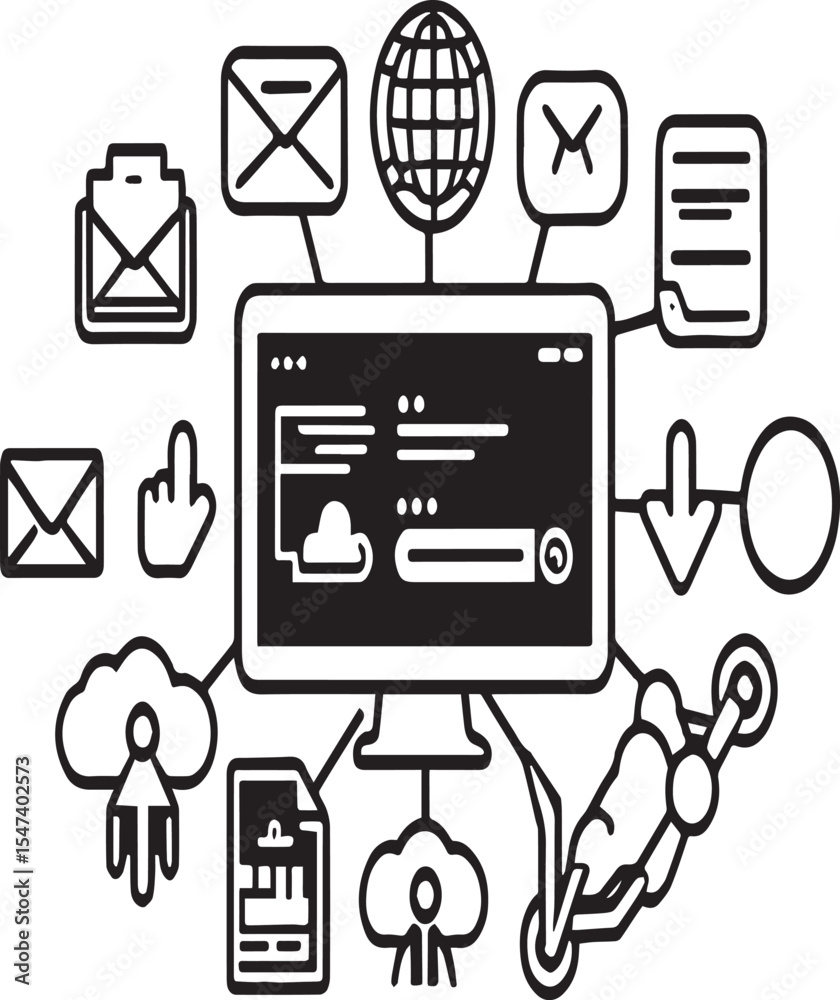 Fototapete Illustration of a computer screen surrounded by various internet and technology icons and symbols