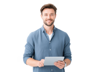 A smiling young man in a casual blue shirt holding a tablet device. standing against a plain white background. exuding confidence and approachability. ideal for technology or business themes