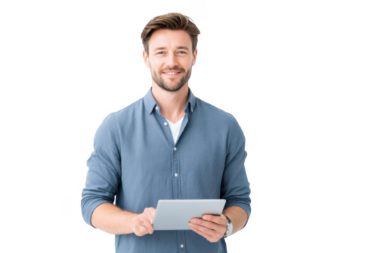 A smiling young man in a casual blue shirt holding a tablet device. standing against a plain white background. exuding confidence and approachability. ideal for technology or business themes - Powered by Adobe