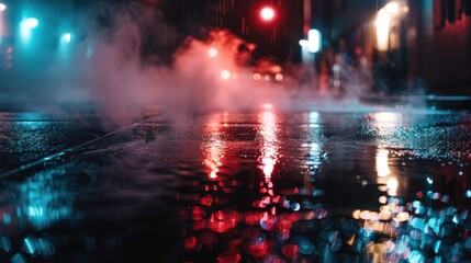 A wet city street at night, vibrant colors reflected in puddles
