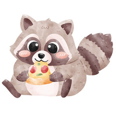 Kawaii cute raccoon eating pizza watercolor animal 