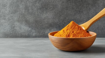 A close-up photograph of a wooden bowl filled with vibrant orange spice powder, showcasing rich color and texture against a simple grey background.