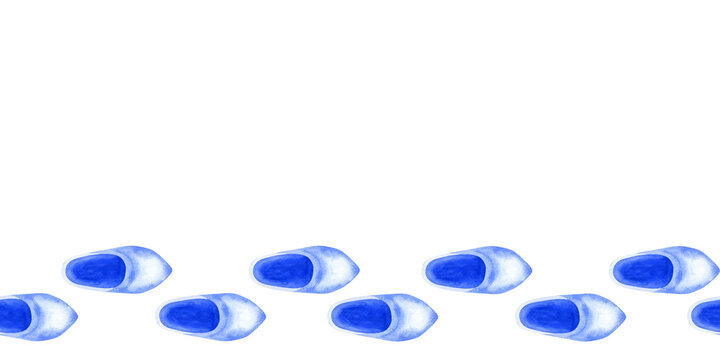 Seamless border of sabots in blue-and-white Delftware style, classic ceramic art. Perfect for souvenirs, postcards, kitchen decor, or branding with a nostalgic, romantic