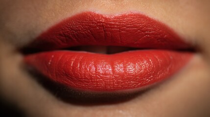 Obraz premium Close-up of vibrant red matte lipstick on slightly parted lips, highlighting natural creases, smooth warm-toned skin, and soft blurred background.