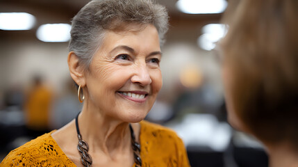 Cheerful senior woman with gray hair wearing vibrant yellow sweater smiling warmly during conversation at community center. Natural candid portrait showing joy and vitality in aging.