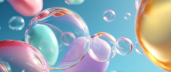 Colorful Floating Soap Bubbles Against Clear Sky Background

