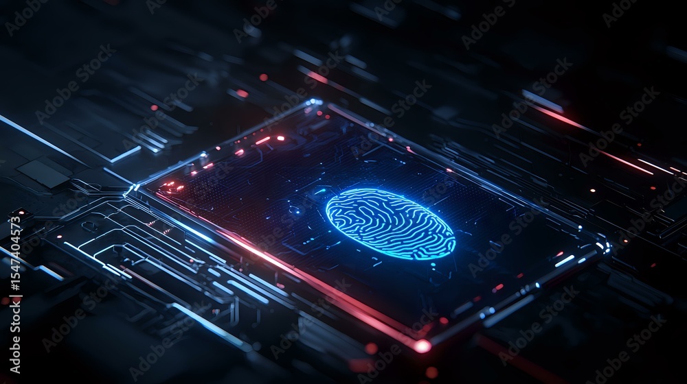 Poster glowing blue fingerprint scan on futuristic digital circuit board with red light effects. advanced b