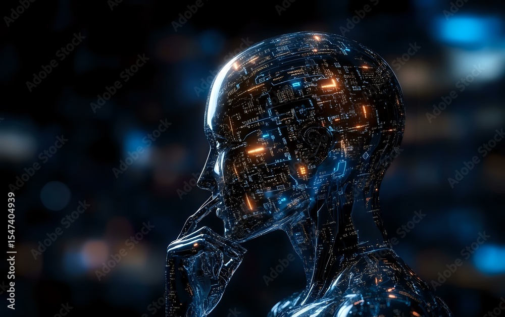 Poster futuristic digital profile of glowing translucent head with circuit patterns and neural networks ill