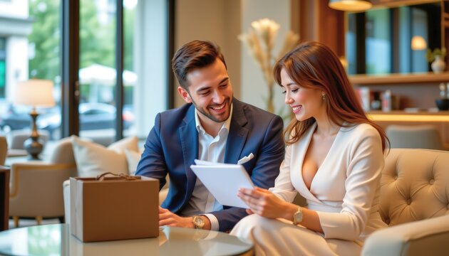 a well dressed couple reviewing their purchase in a luxury lounge area with branded packaging beside