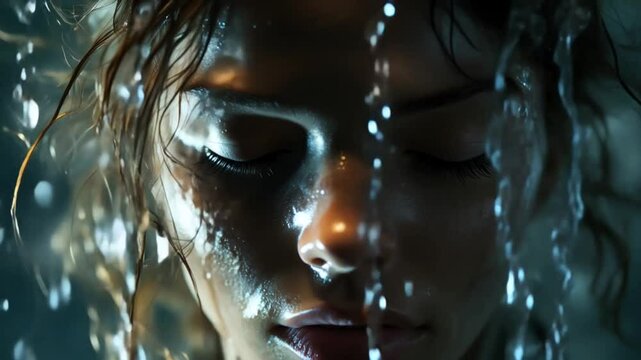 Close-up portrait of woman with water drops on face, wet skin, artistic lighting, refreshing beauty concept.