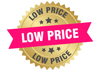 low price. low price round pink and gold label isolated on transparent background