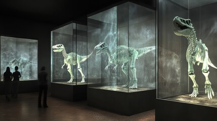 Museum display of dinosaur skeletons