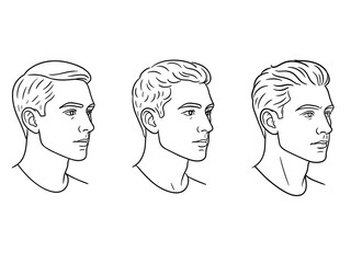 Mens hairstyle vector art: Three style men's profile face showcases distinct hairstyle in vector art, emphasizing line art and clean, modern aesthetic.