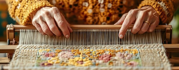 Senior woman hands working on traditional wooden weaving loom creating colorful floral pattern textile. Close up view of artisan crafting handmade fabric.