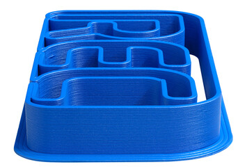 Complex blue plastic part created by 3D printing isolated on transparent white background