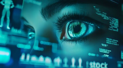 Close up view of human eye with digital data overlay and silhouettes in cyan blue technological background showing futuristic biometric scanning concept.