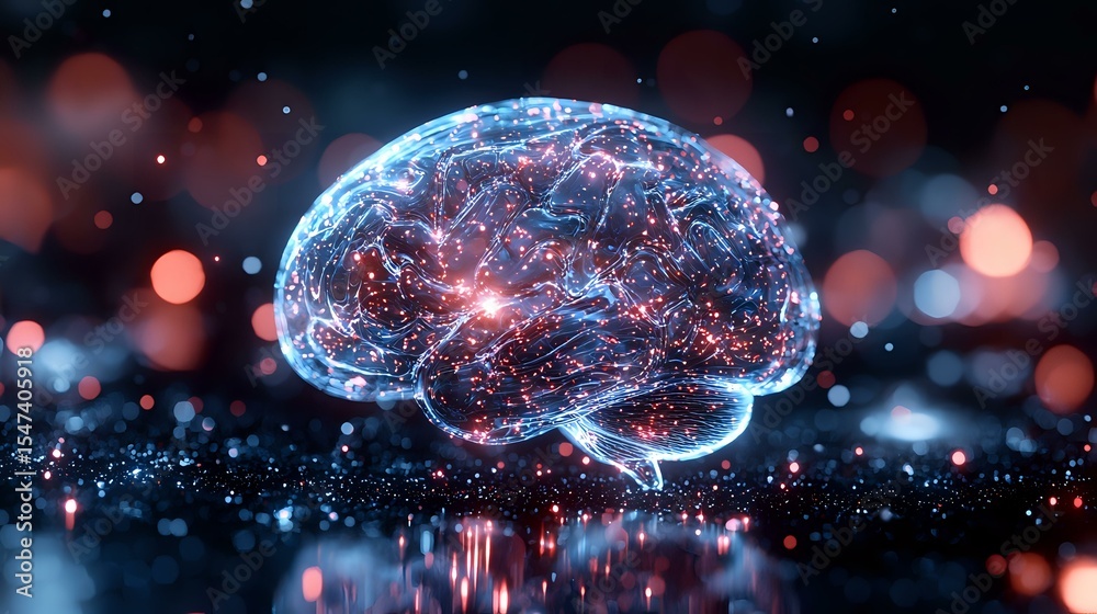 Poster glowing digital brain with neural network connections floating in dark space with red bokeh lights a