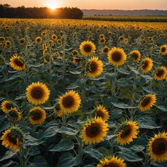 Describe a field of sunflowers turning their faces toward the first light of dawn