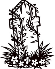 Vintage engraved tombstone with vines and flowers, old gravestone hand drawn illustration on white background