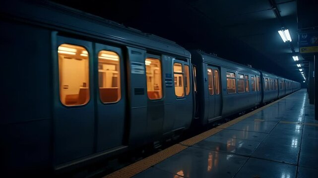 Smooth 2D animation of a subway train gliding past a nighttime platform Lights blur creating a minimalist design perfect for motion graphics or urban backgrounds