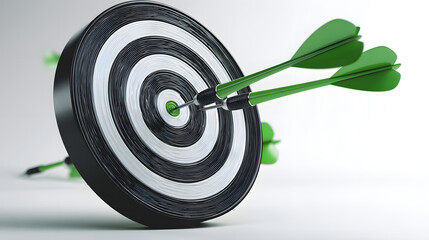 Two green darts hit the bullseye of a black and white target, symbolizing precision and success in goal achievement.