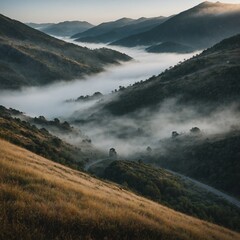 Capture the early morning fog rolling over a mountain pass, slowly revealing the land below
