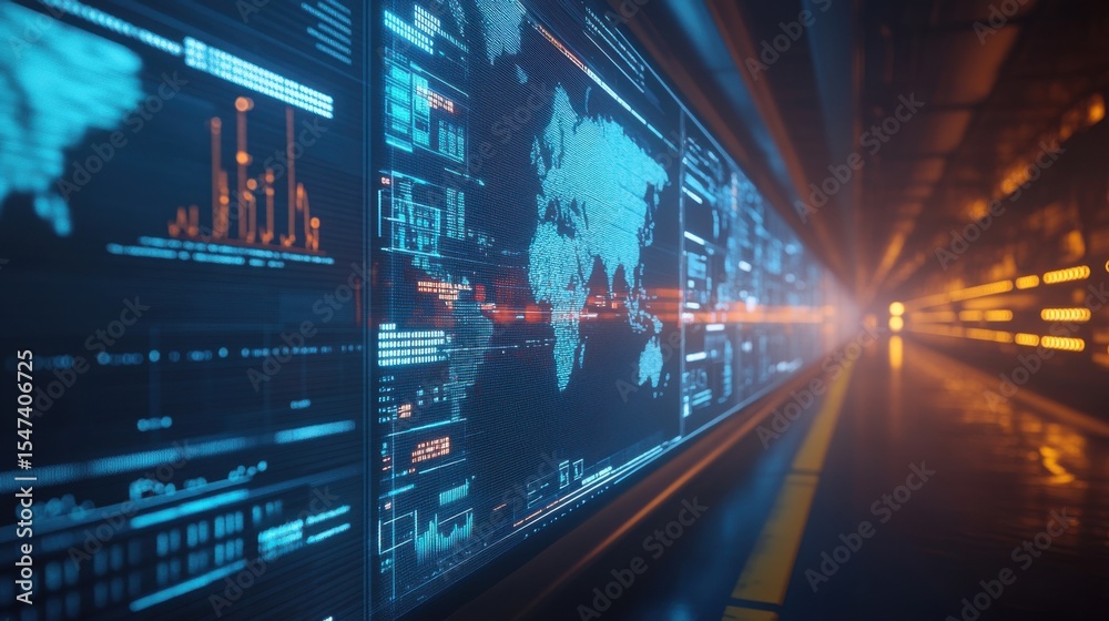 Poster Futuristic data center with world map and graphs on screen