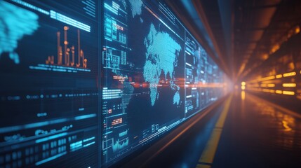 Futuristic data center with world map and graphs on screen