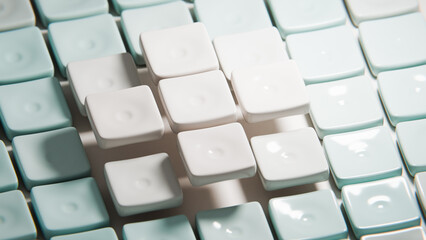 White squares floating above light blue square background creating a plus sign