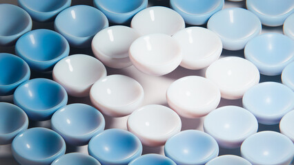 Rows of blue and white porcelain bowls creating a gradient effect