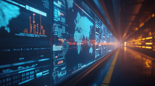 Futuristic data center with world map and graphs on screen