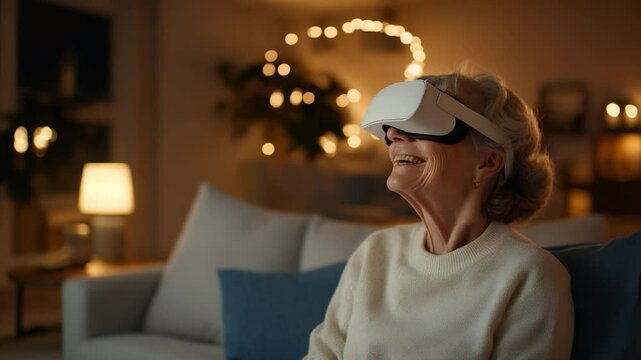 Senior woman uses virtual reality headset at home