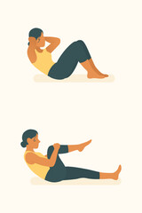 Woman alternating between crunch and knee hold exercises, targeting core strength and endurance using pilates and yoga