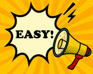 Easy speech bubble. Megaphone, lightning, speech burst, sound lines, pop art style, loudspeaker, public speaking, yellow background, expression, voice, alert, broadcast
