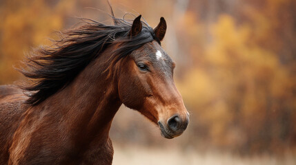 Fototapeta premium Brown horse with flowing mane in autumn forest with yellow leaves