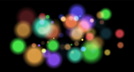 Multicolor blurred circles on dark backdrop. Bright glowing particles form warm atmospheric visual effect.