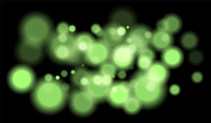 Bright green bokeh particles of multiple sizes with depth effect on dark background. Perfect for night visuals or technology-themed scenes.
