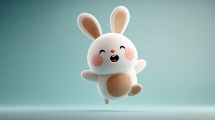 Obraz premium Cute white rabbit jumping happily with soft fur and pink cheeks on blue background