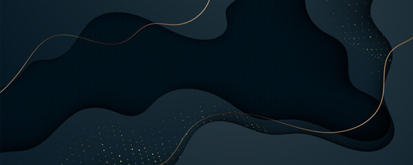 Dark Modern Abstract Background with Golden Dots and Wavy Shapes
