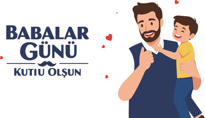 Illustration of a father and son celebrating Babalar Günü (Turkish Father's Day).