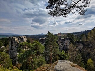 Overlooking the dramatic sandstone rock formations of Bohemian Paradise, the historic Hrubá Skála...
