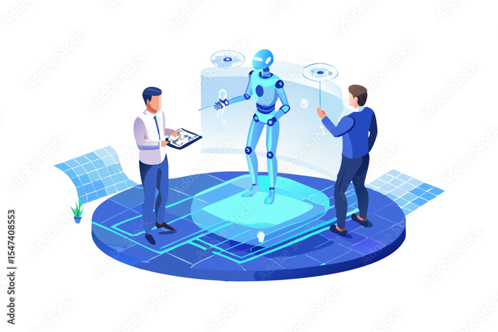 Poster two engineers developing a futuristic robot prototype