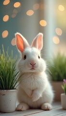 Obraz premium White rabbit sitting peacefully near window with potted plants