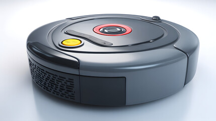 Fototapeta premium A sleek, modern robotic vacuum cleaner in dark gray with a red accent button, designed for efficient home cleaning.
