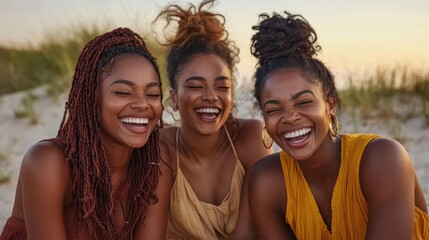 Fototapeta premium Three joyful women share laughter and happiness on a beach, capturing the essence of friendship and carefree moments amidst warm sunlight and gentle ocean breeze.