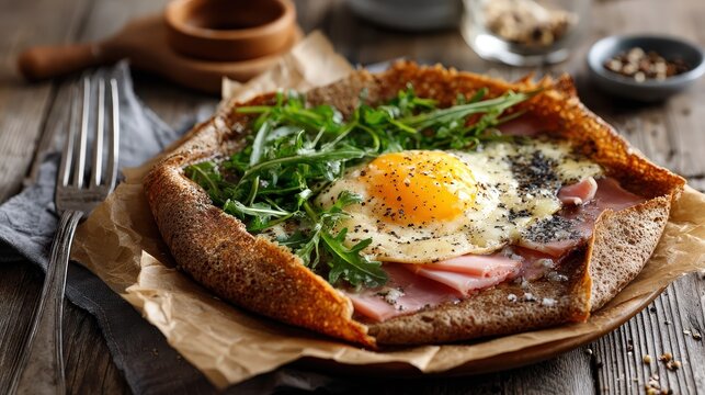 Savory buckwheat galette bretonne with fried egg, ham, and arugula