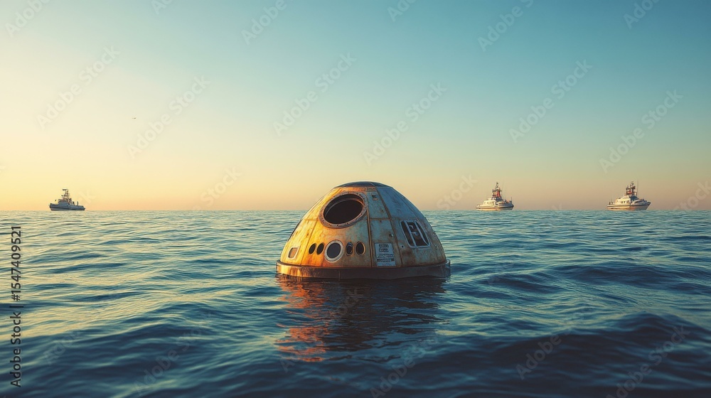 Poster damaged rusty spacecraft floating in serene ocean at sunset