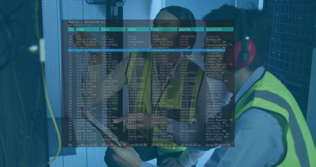 Inspecting technicians wearing hi vis vests checking server cables in server room, with clipboard